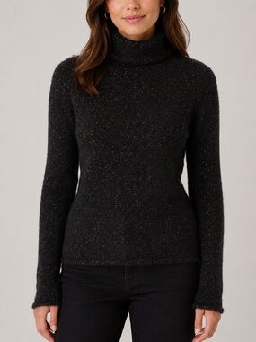 Moda International Black Metallic Turtleneck Sweater Wool Blend Shimmer Knit S
